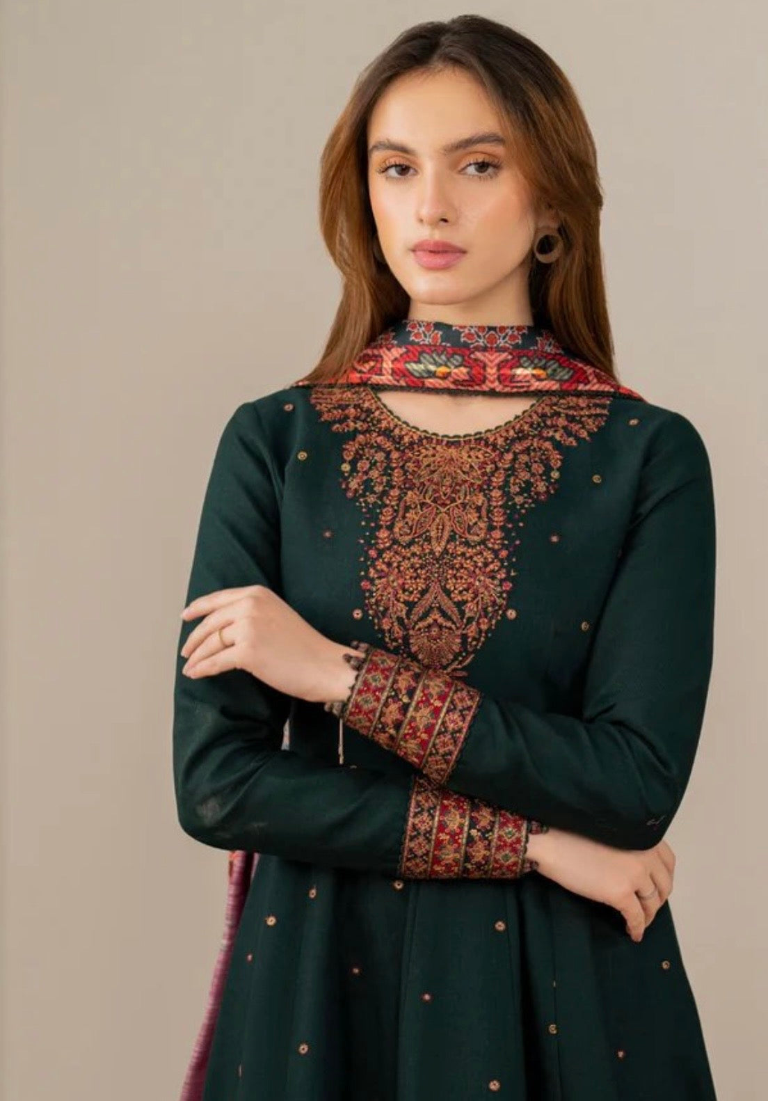 Dhanak Embroidered Luxury 3pc Article Bottle Green Color Frock Style
