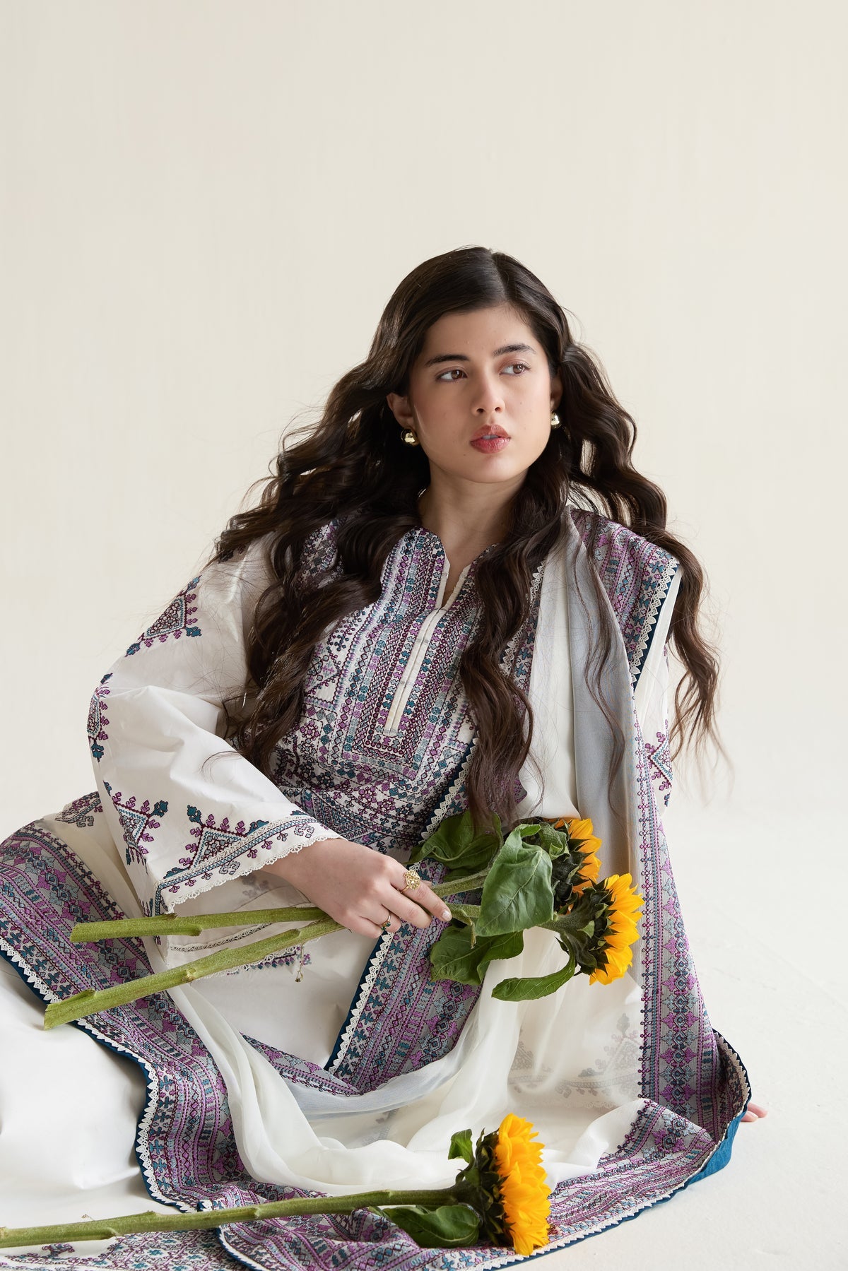 Katran Dhanak Embroidered 3pc Article With Pashmina Wool Shawl Off White Color