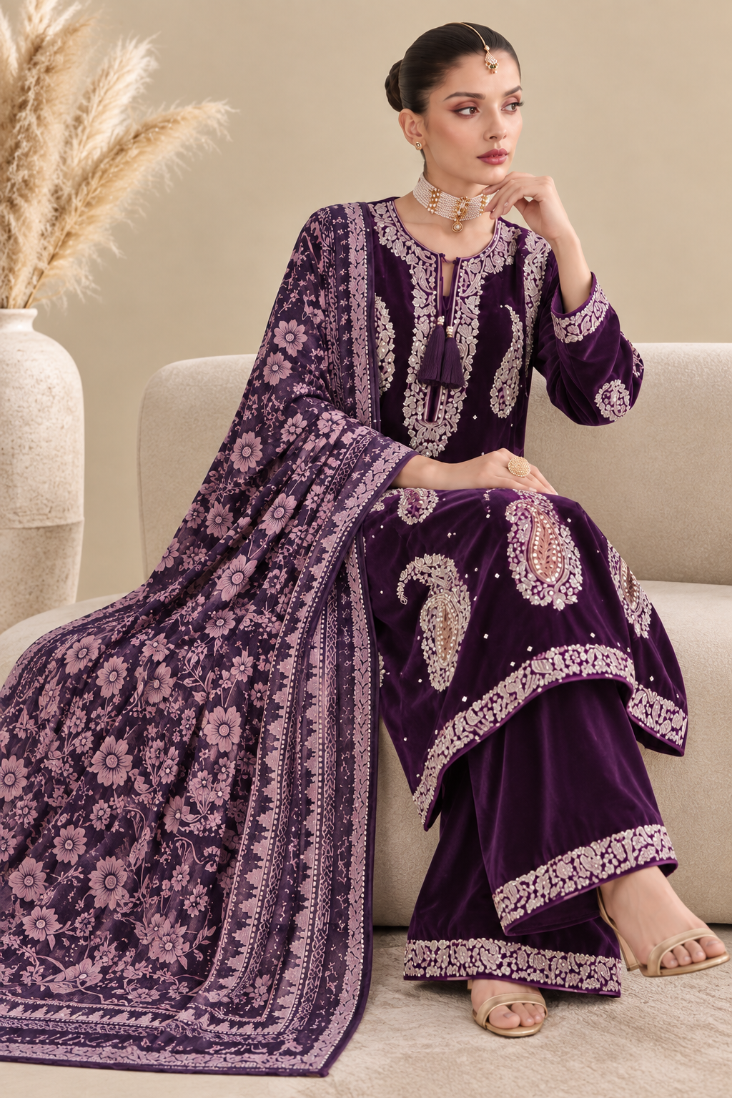 Ethnic Dhanak Embroidered 3pc Article With Plachi Shawl Plum Color