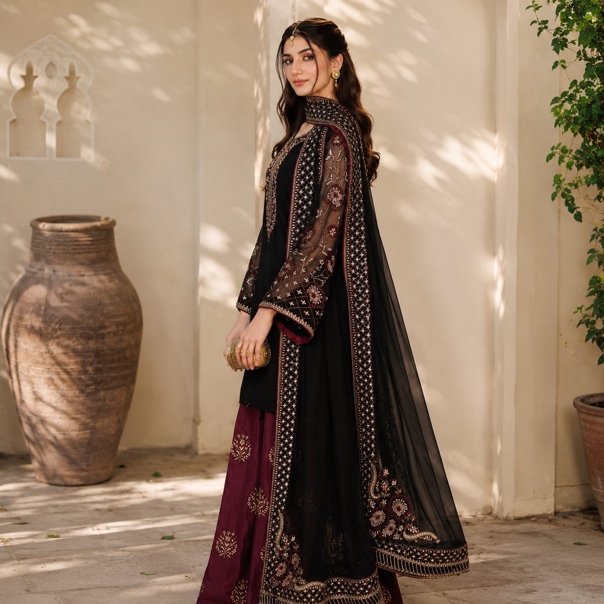 Laam Dhanak Embroidered 3pc Article With Wool Shawl Black Color Maroon Embroidered Trouser