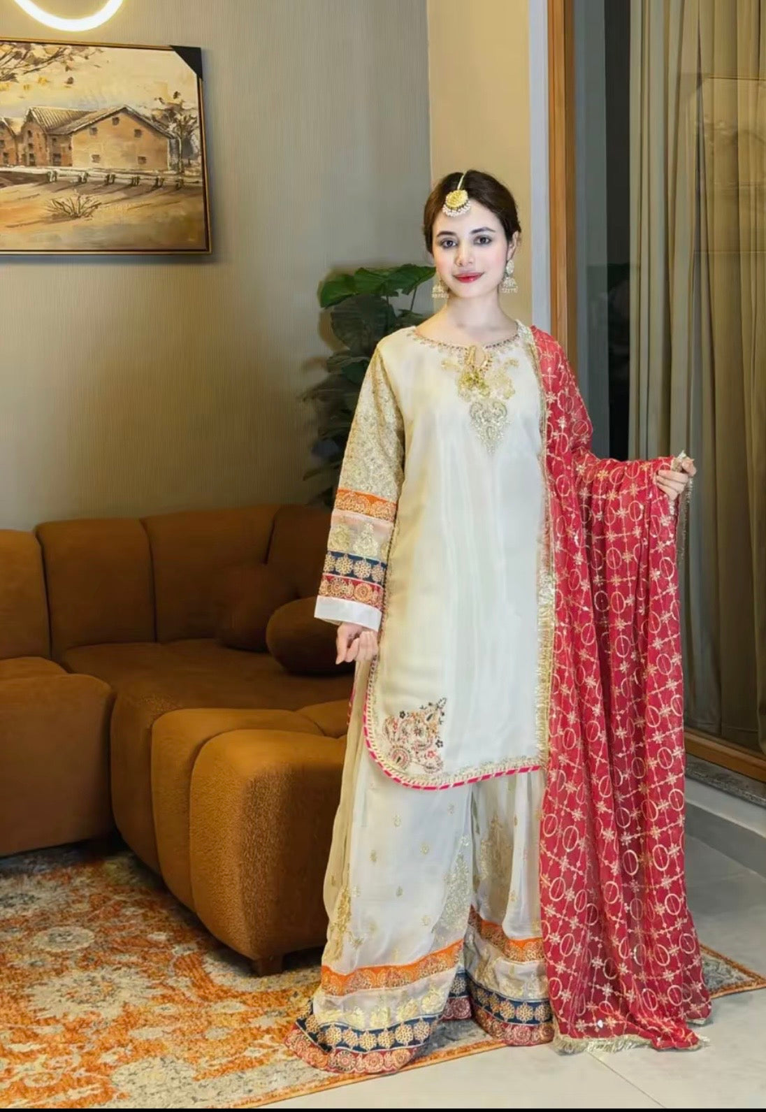 Ethnic Shamos Silk Embroidered 3pc Article With Red Khaadi net Duppata Off white color