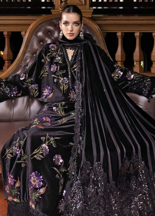 9000 Velvet Embroidered 3pc Article With chiffon dupatta Black Color