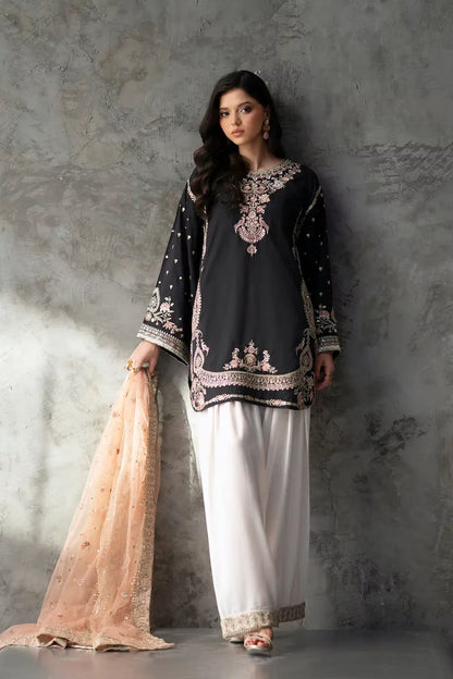 Ethnic 9000 Velvet Embroidered 3pc Article With peach Chiffon Dupatta Black color