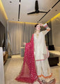 Ethnic Shamos Silk Embroidered 3pc Article With Red Khaadi net Duppata Off white color