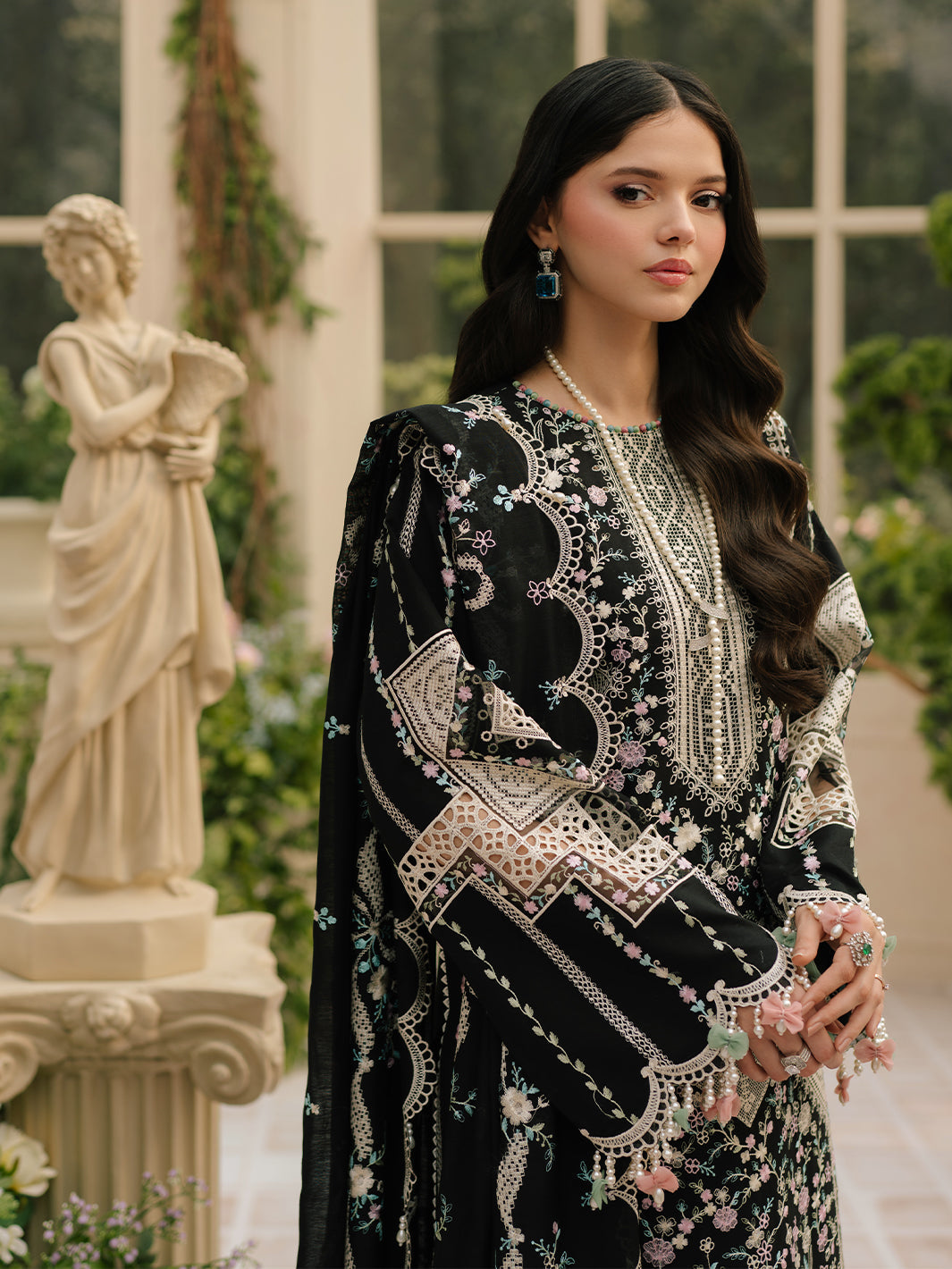 Bin ilyas Dhanak Embroidered luxury 3pc Article With Khaadi net Duppata Black Color