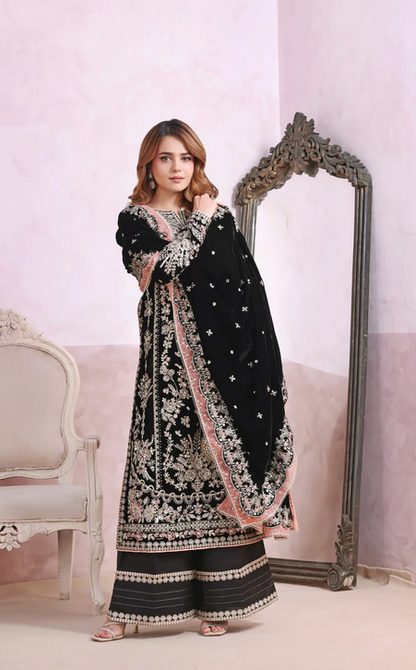 Aneelas 11000 Velvet Embroidered Luxury 3pc Article With Patches Black Color