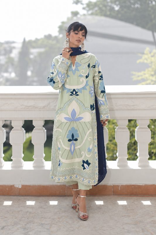 Nadia Farooqui Silk Embroidered 3pc Article Pista Color With Chiffon Dupatta