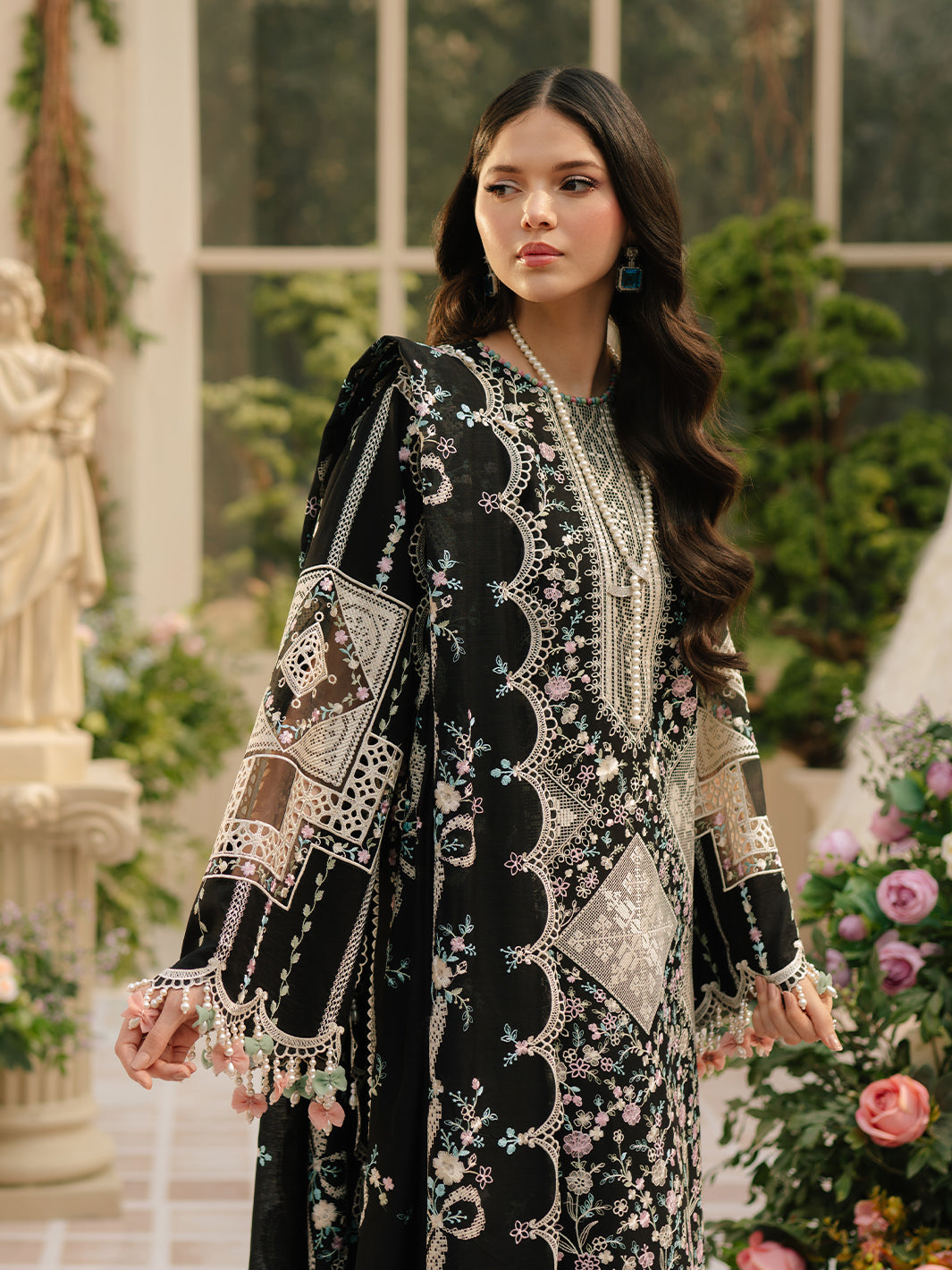 Bin ilyas Dhanak Embroidered luxury 3pc Article With Khaadi net Duppata Black Color