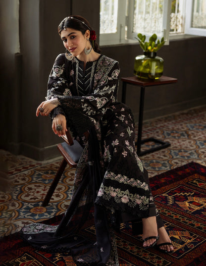 Kahf Dhanak Embroidered 3pc Article With Dhanak Shawl Black Color