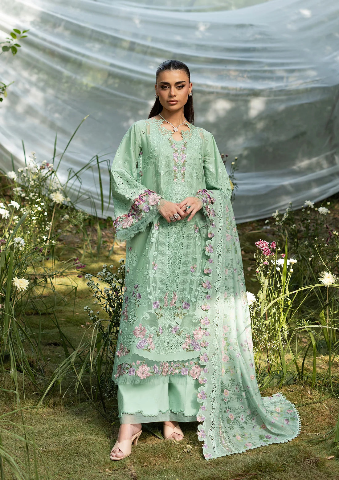 Elaf Dhanak Embroidered 3pc Article With Silk Printed Shawl Light green Color