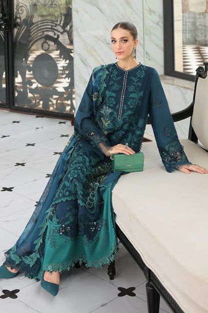 Pure Chiffon Embroidered 3pc Article With pure russion rip trouser and silk Duppata