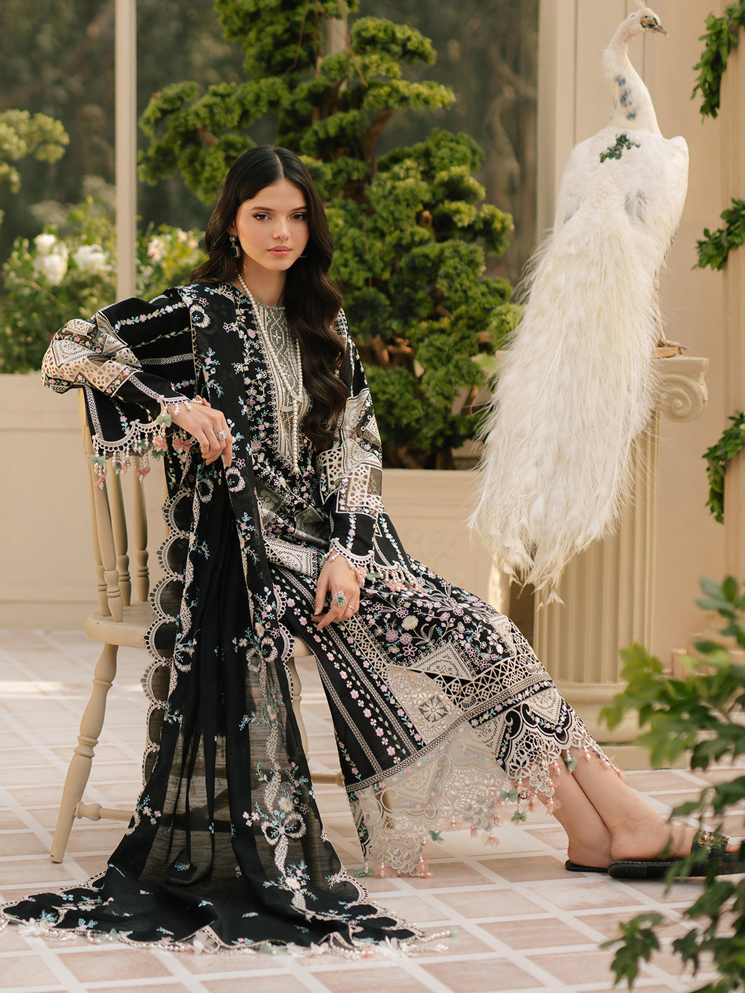 Bin ilyas Dhanak Embroidered luxury 3pc Article With Khaadi net Duppata Black Color