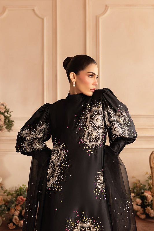 11000 Velvet Embroidered 3pc Article Silk Trouser with organza Duppata Black Color