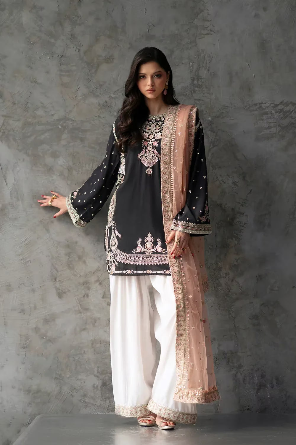 Ethnic 9000 Velvet Embroidered 3pc Article With peach Chiffon Dupatta Black color