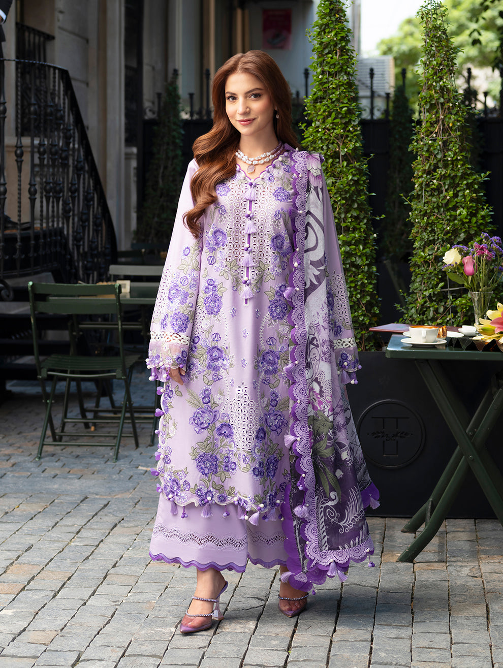 Nooreh Dhanak Embroidered Luxury 3pc Article With Dhanak Printed Shawl Lilac Color