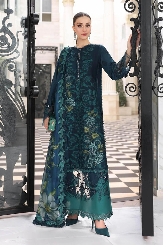 Pure Chiffon Embroidered 3pc Article With pure russion rip trouser and silk Duppata