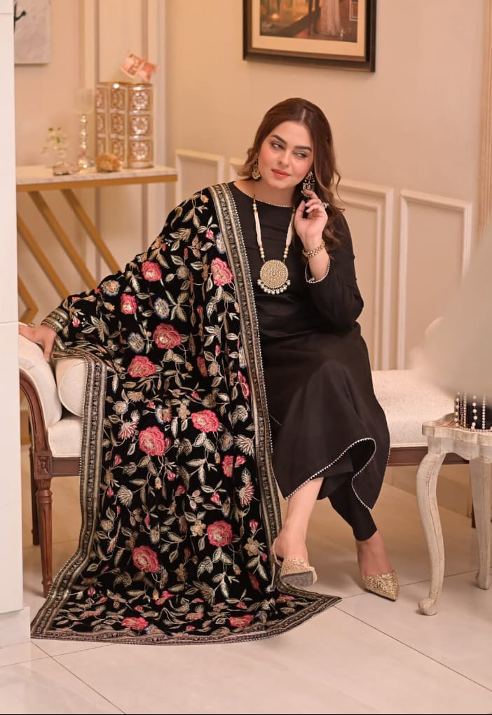 Aneelas Velvet Heavy Embroidered Shawl with Plain Jet Black 3 Piece Dress
