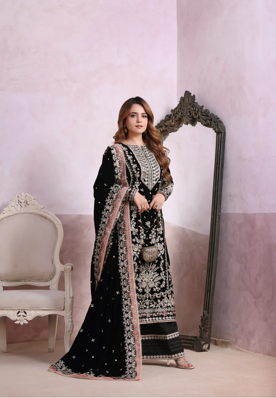 Aneelas 11000 Velvet Embroidered Luxury 3pc Article With Patches Black Color