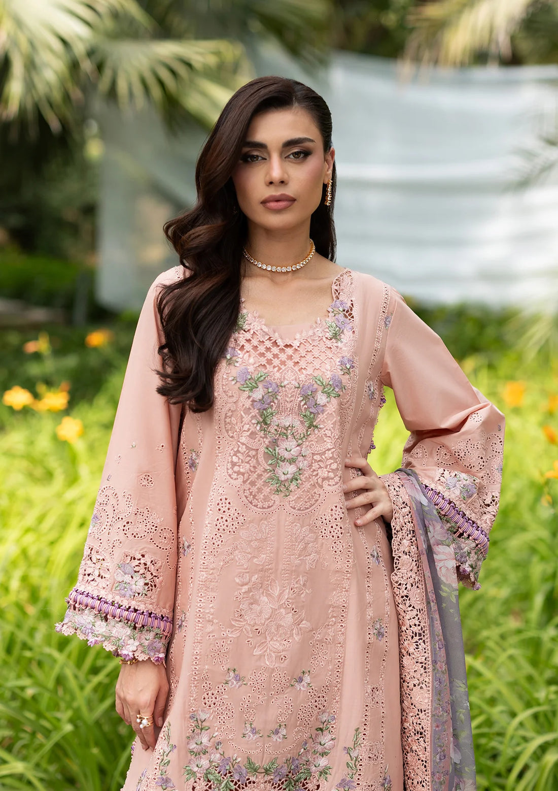 Elaf Dhanak Embroidered 3pc Luxury Article With Dhanak Purple Shawl Pink Color