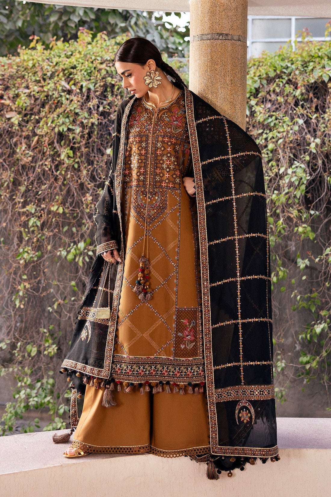 Jazmin Dhanak Embroidered Luxury 3pc Article With Digital Printed Wool Shawl Mustard Color