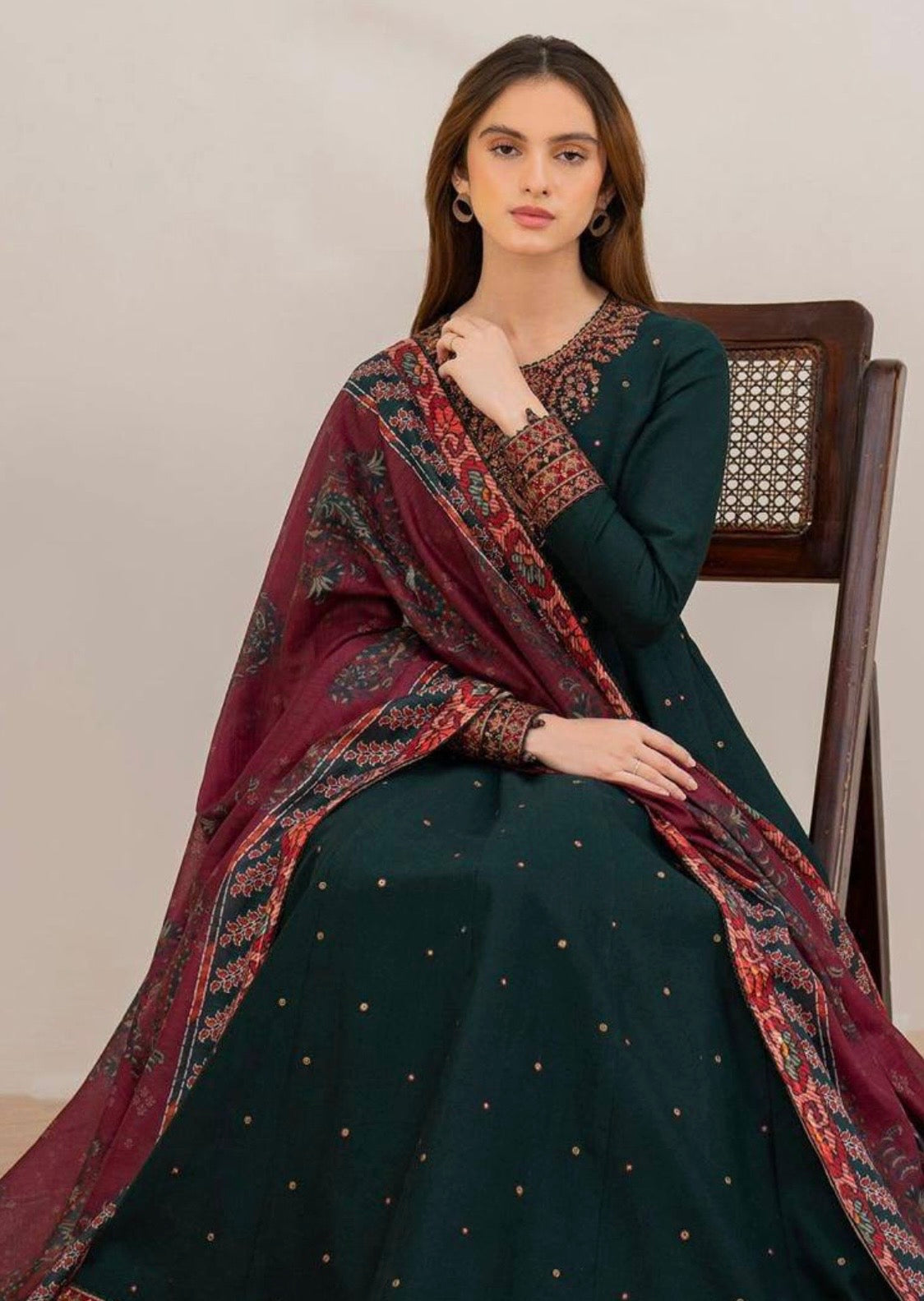 Dhanak Embroidered Luxury 3pc Article Bottle Green Color Frock Style