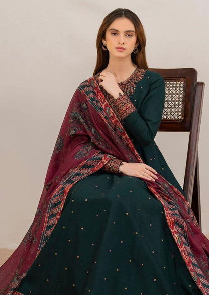 Dhanak Embroidered Luxury 3pc Article Bottle Green Color Frock Style