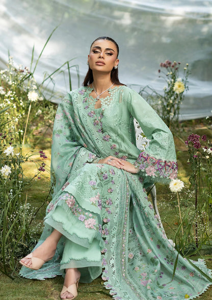 Elaf Dhanak Embroidered 3pc Article With Silk Printed Shawl Light green Color