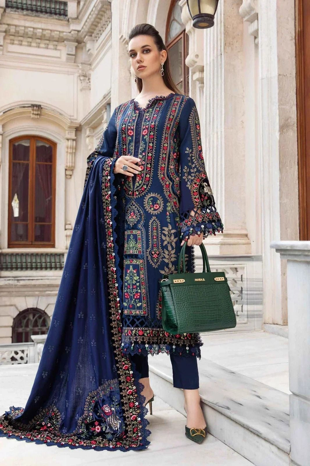 Maria B. Dhanak Embroidered 3 Piece With Embroidered Patch & Heavy Embroidered Shawl