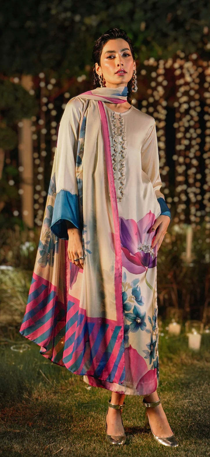 Lulusar Silk Article with Handwork Pearls & Hand made patches and 4 sided ready Silk Dupatta