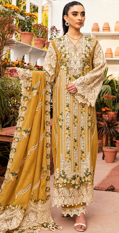 Elaf Dhanak Embroidered 3pc Article With Khaadi net Duppata Mustard Color Lining Design