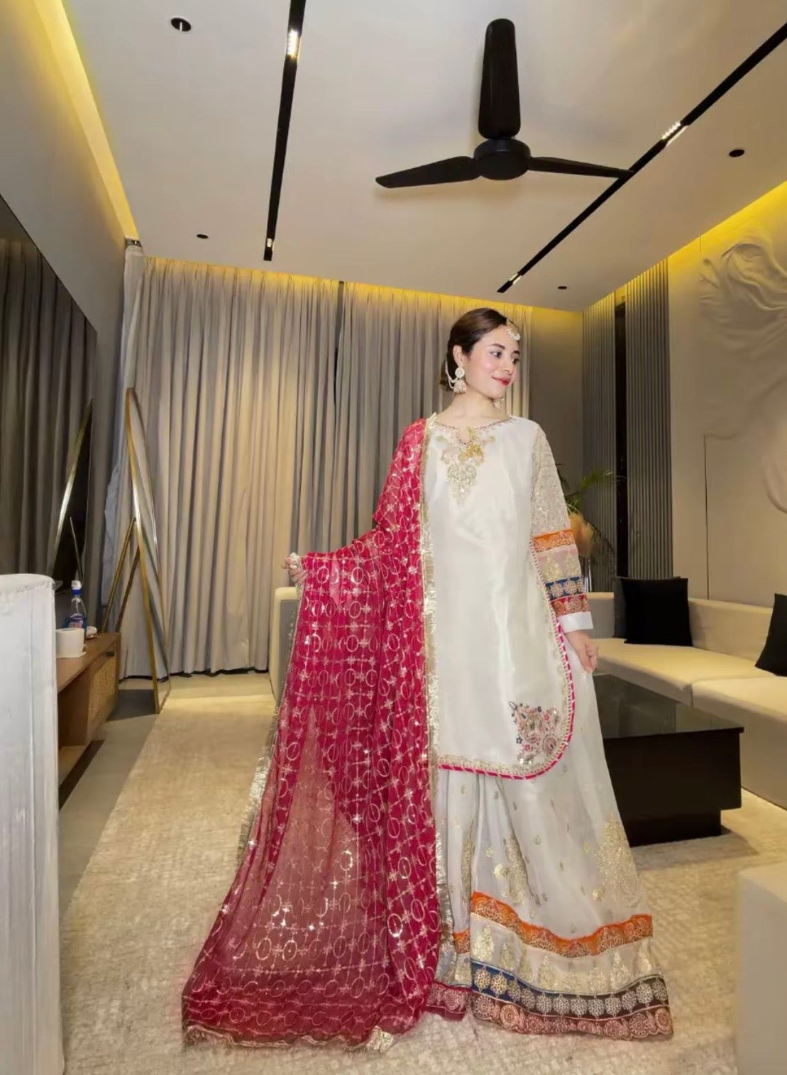 Ethnic Shamos Silk Embroidered 3pc Article With Red Khaadi net Duppata Off white color