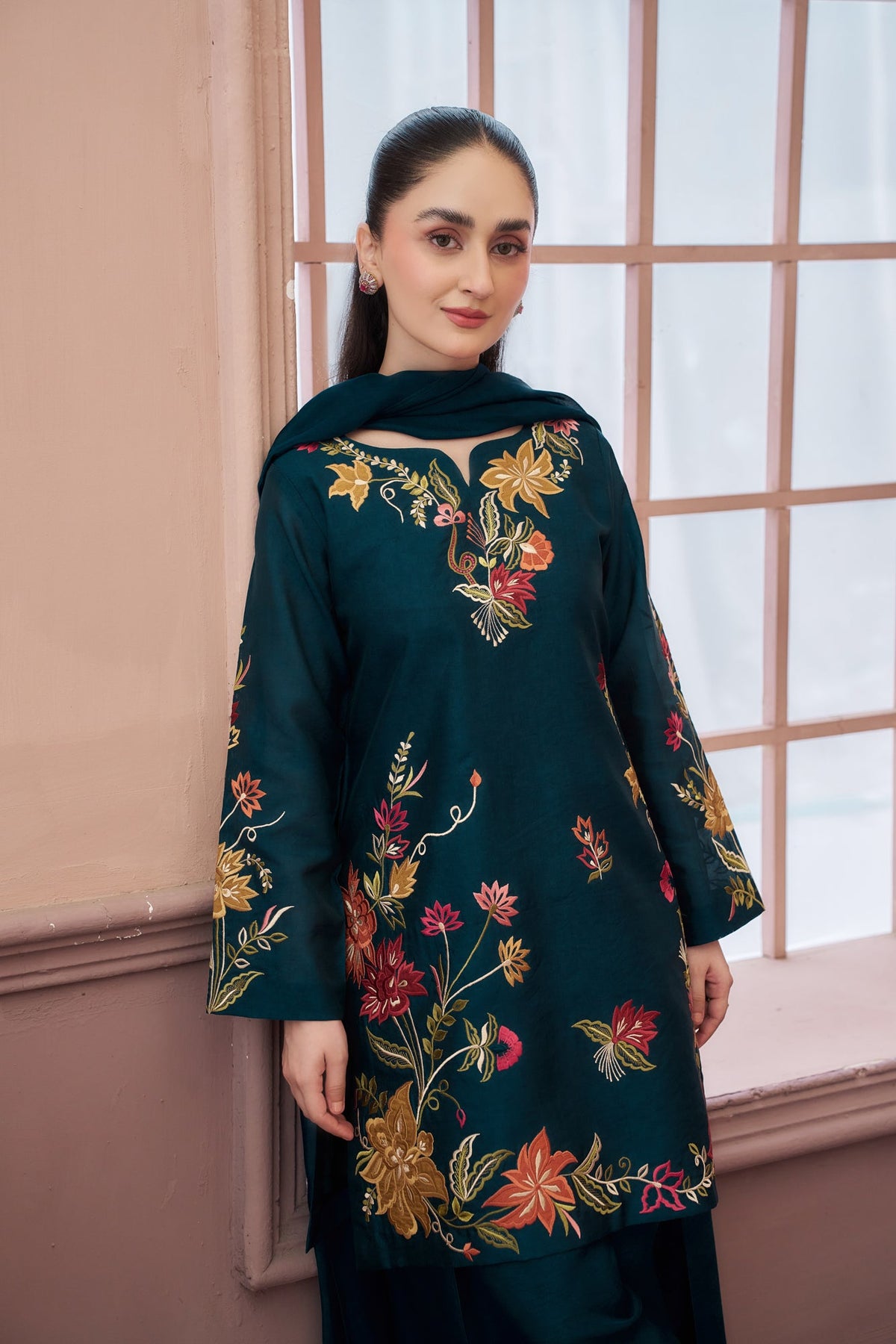Dhanak Embroidered Luxury 3pc Article With Wool Printed Shawl Zinc Color