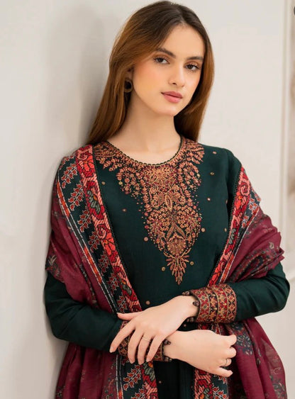 Dhanak Embroidered Luxury 3pc Article Bottle Green Color Frock Style