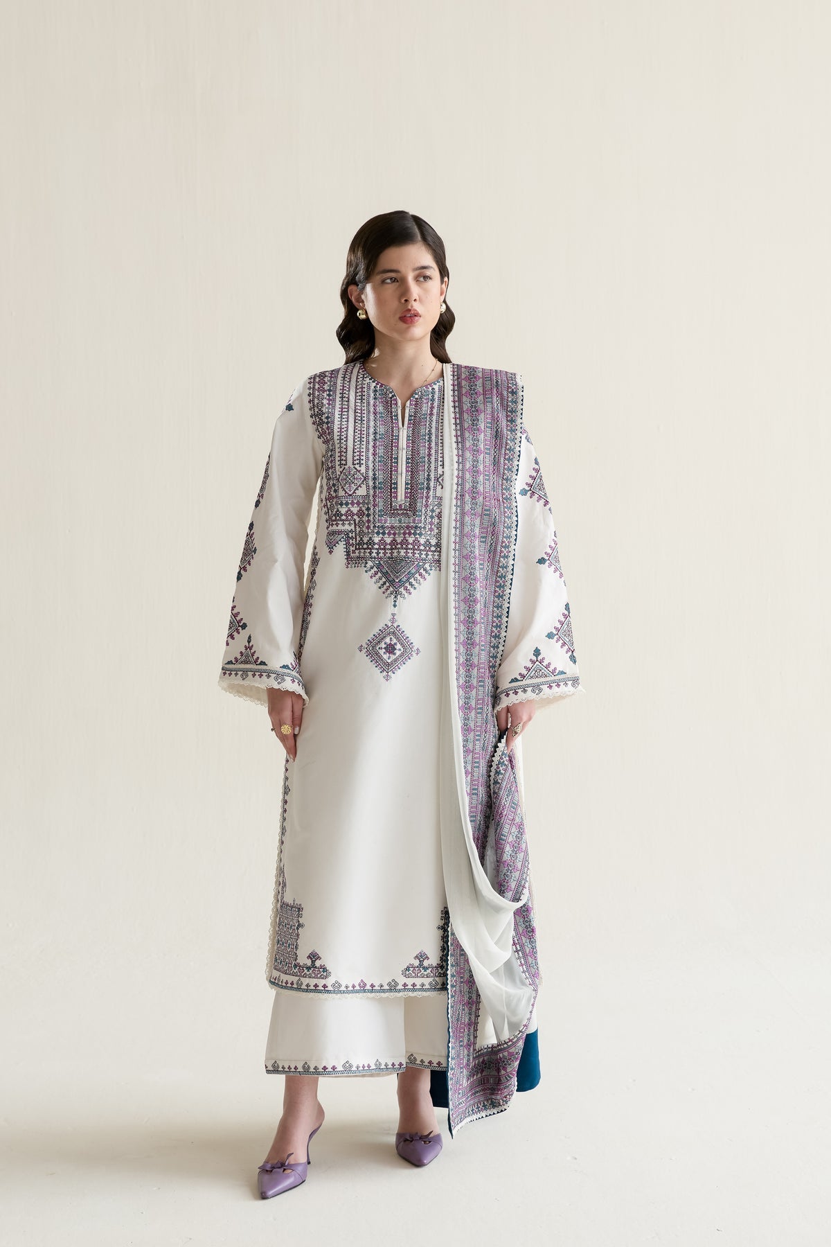 Katran Dhanak Embroidered 3pc Article With Pashmina Wool Shawl Off White Color