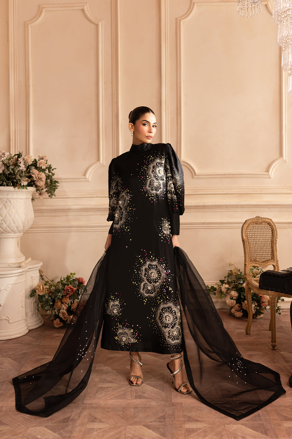 11000 Velvet Embroidered 3pc Article Silk Trouser with organza Duppata Black Color