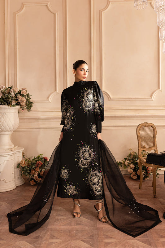 11000 Velvet Embroidered 3pc Article Silk Trouser with organza Duppata Black Color