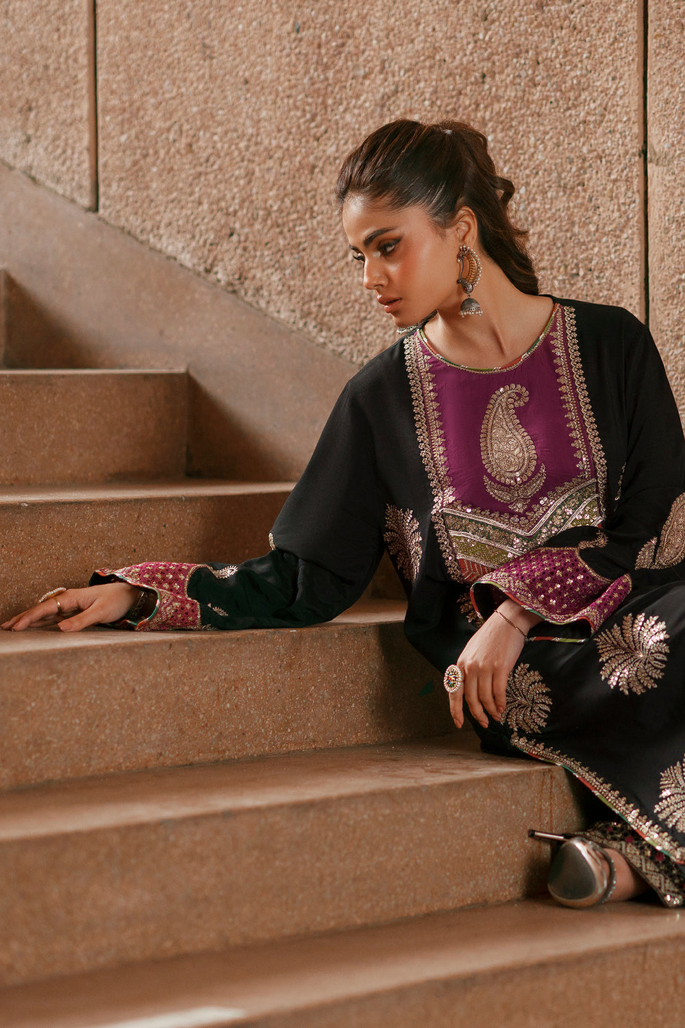 Ethnic Silk Luxury Embroidered Dress Purple Neckline