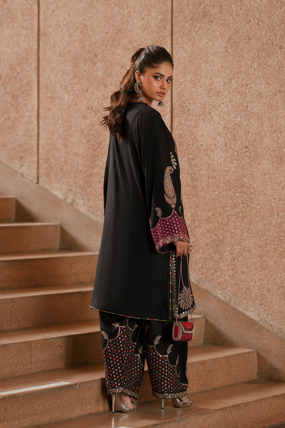 Ethnic Silk Luxury Embroidered Dress Purple Neckline