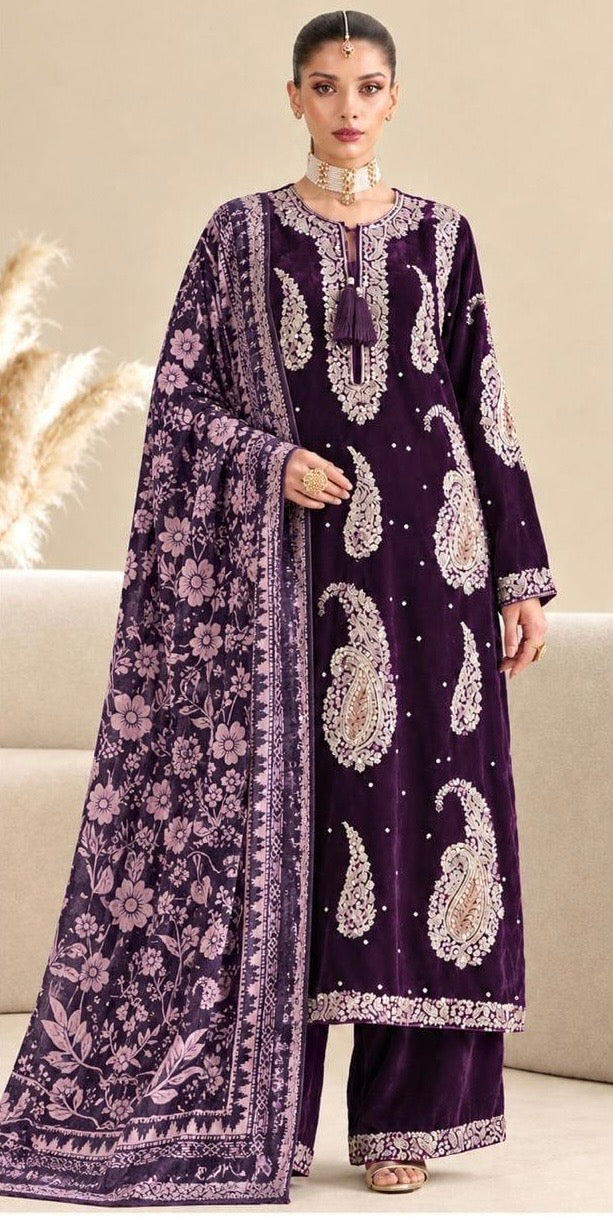 Ethnic Dhanak Embroidered 3pc Article With Plachi Shawl Plum Color