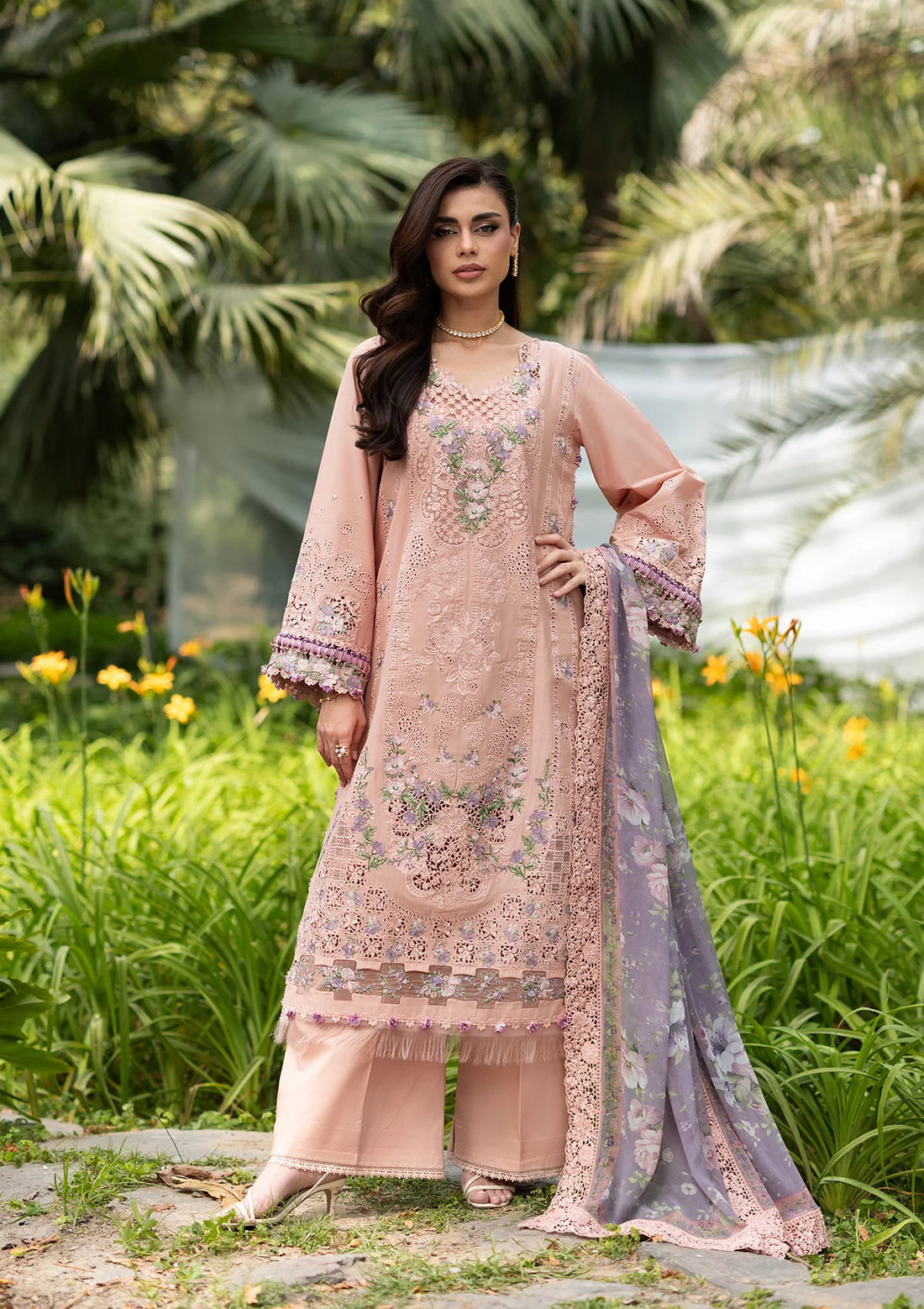 Elaf Dhanak Embroidered 3pc Luxury Article With Dhanak Purple Shawl Pink Color
