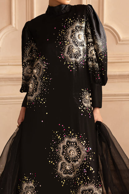 11000 Velvet Embroidered 3pc Article Silk Trouser with organza Duppata Black Color