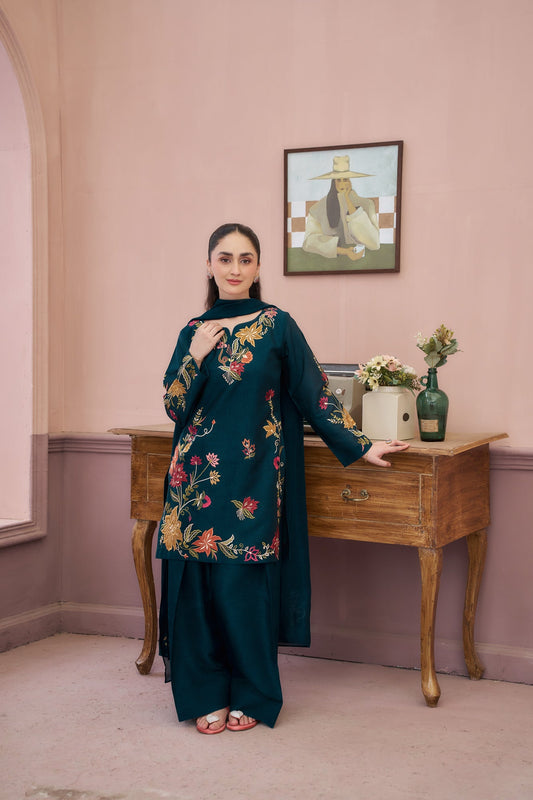 Dhanak Embroidered Luxury 3pc Article With Wool Printed Shawl Zinc Color