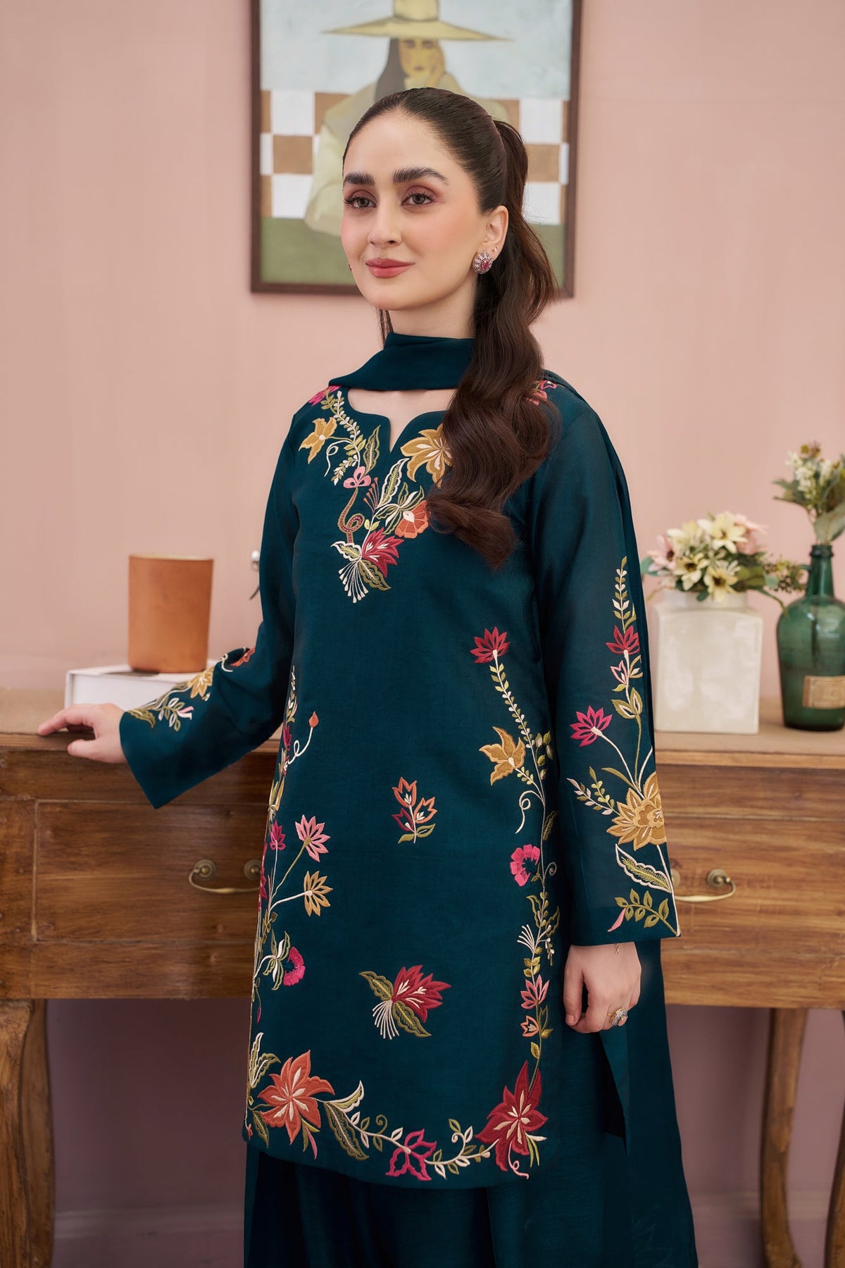 Dhanak Embroidered Luxury 3pc Article With Wool Printed Shawl Zinc Color