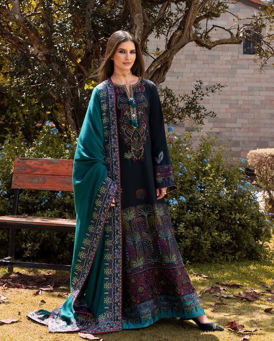 Mushq Dhanak Embroidered 3pc Article With Dhanak Embroidered Duppata Navy Blue