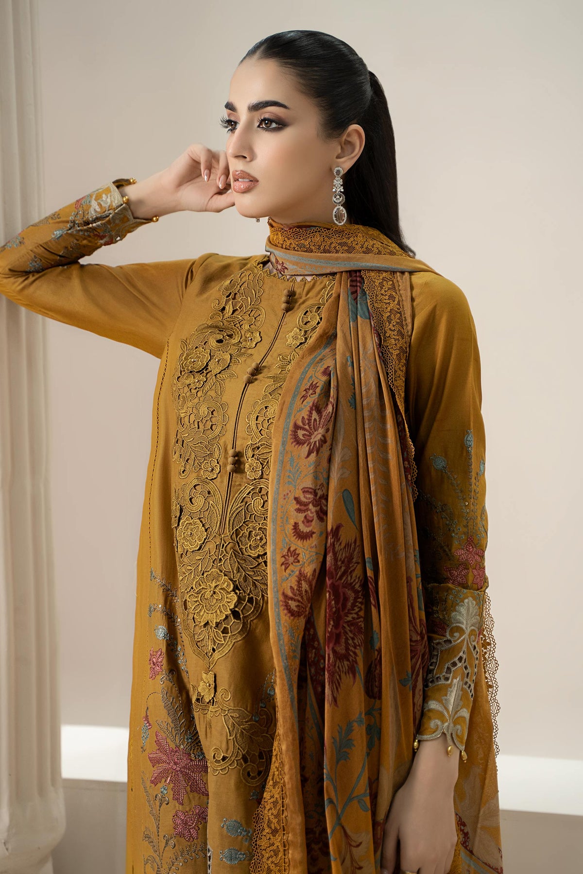 Mariab Dhanak Embroidered 3pc Article 3d Patches With Dhanak Shawl Mustard Color