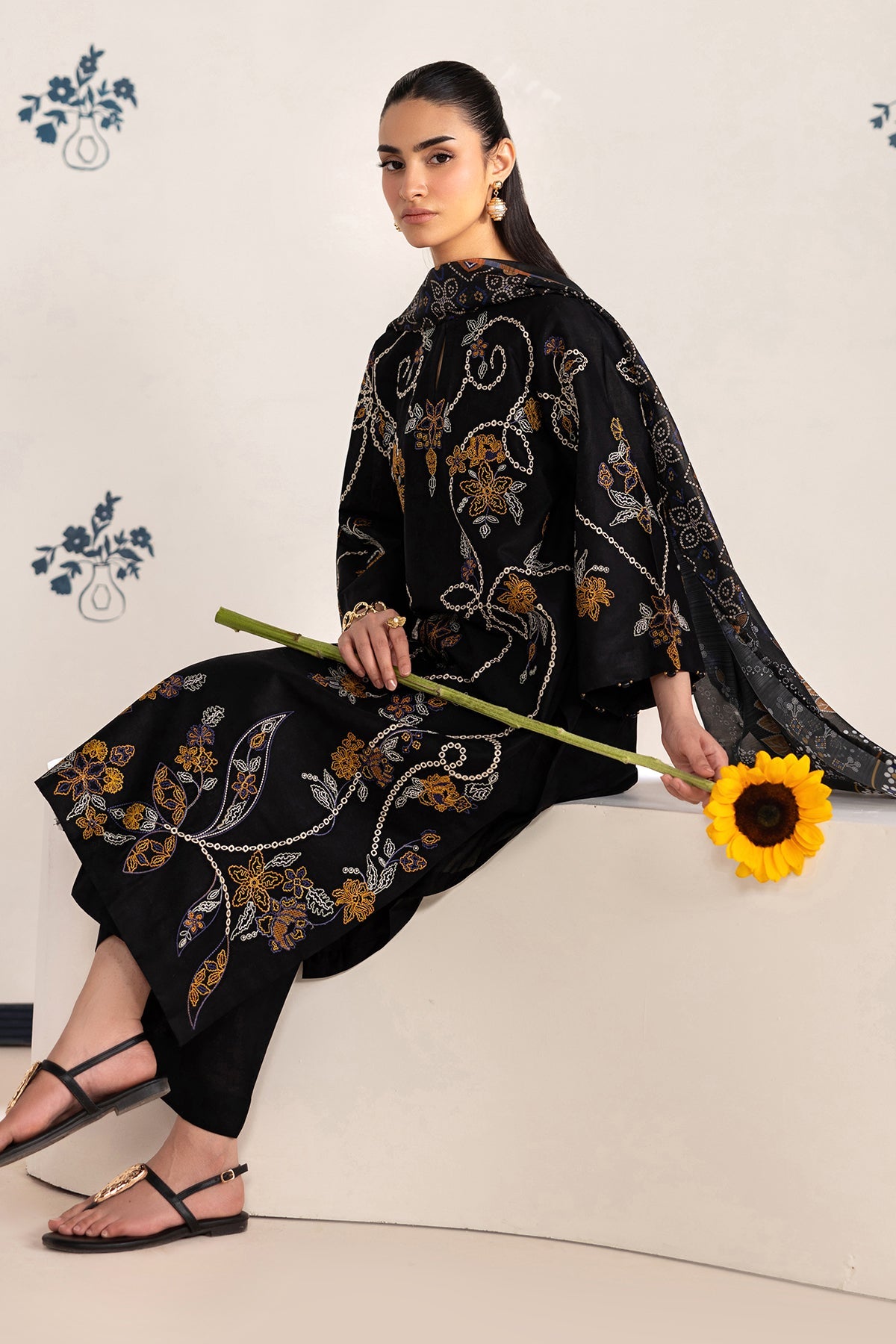 Baroque Dhanak Embroidered 3pc Article With Printed Wool Shawl Black Color