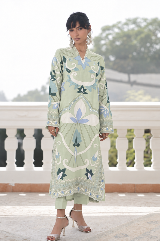 Nadia Farooqui Silk Embroidered 3pc Article Pista Color With Chiffon Dupatta