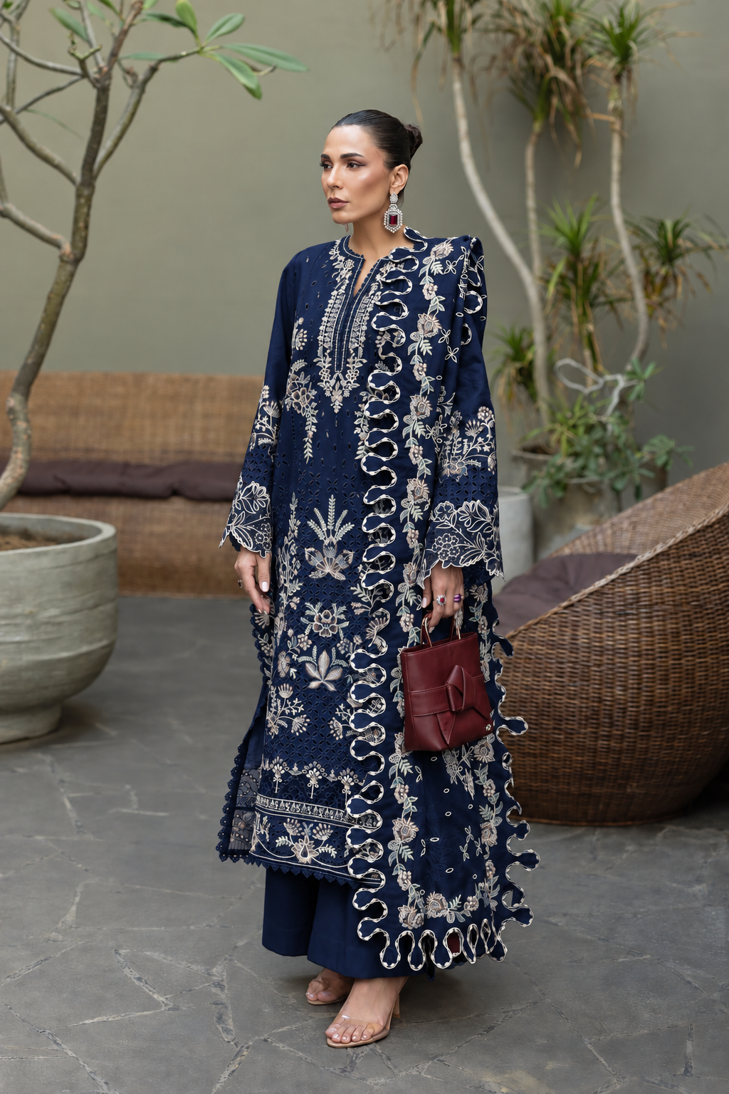 Dhanak Embroidered 3pc Article With Dhanak Embroidered Dupatta Akbar Aslam Zinc Blue