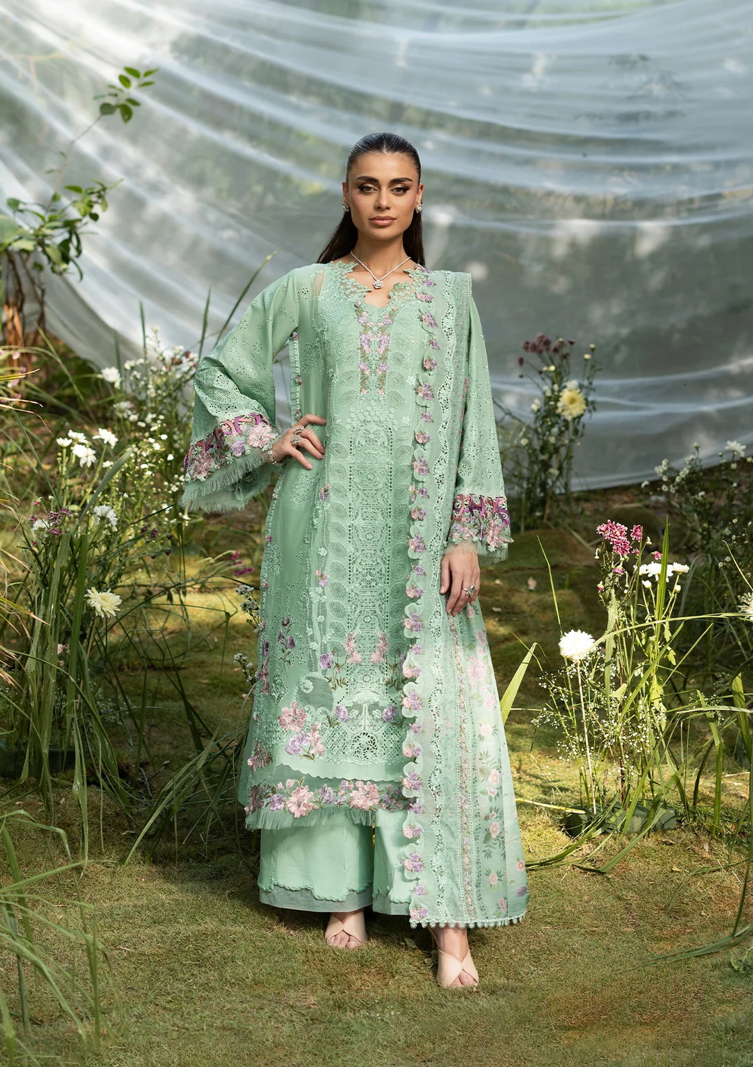 Elaf Dhanak Embroidered 3pc Article With Silk Printed Shawl Light green Color