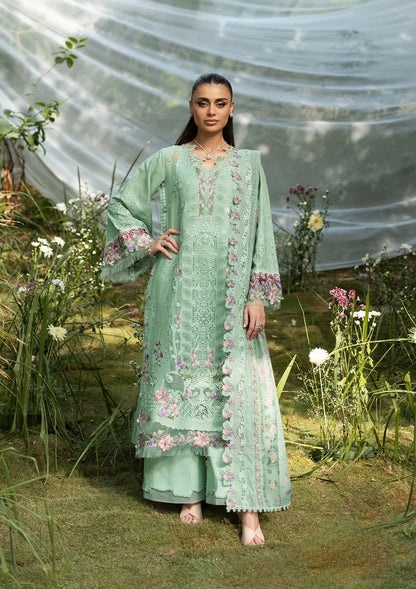 Elaf Dhanak Embroidered 3pc Article With Silk Printed Shawl Light green Color